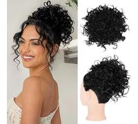 FDEETY Messy Bun Short Ponytail Hair Piece Drawstring Hair Extensions Curly Wavy Hair Puff Synthetic for Women Scrunchy Fake Hairpieces Accessories Scrunchies(Black)