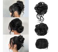 FDEETY Pack of 3 Hairpieces with Elastic Band, Curly Wavy Synthetic Messy Bun Bun Hairpieces, Updo Hair Accessories for Women, Hairpieces for Thin Hair (Black)