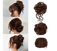 FDEETY Pack of 3 Hairpieces with Elastic Band, Curly Wavy Synthetic, Messy Bun Bun Hairpieces, Updo Hair Accessories for Women, Hairpieces for Thin Hair (Light Brown)