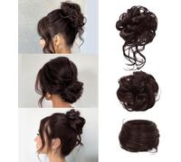 FDEETY Pack of 3 Hairpieces with Elastic Band, Curly Wavy Synthetic, Messy Bun Bun Hairpieces, Updo Hair Accessories for Women, Hairpieces for Thin Hair (Dark Brown)