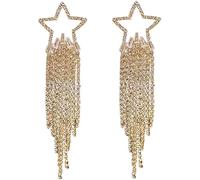FDEETY S925 Silver Post Hollow Star Long Rhinestone Tassel Dangle Earrings - Sparkle Big Dangling Chain Accessories for Women - Wedding Party Jewelry (Gold)