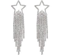 FDEETY Silver Star Post Hollow Rhinestone Tassel Dangle Earrings - Sparkle Big Star Dangling Chain Wedding Party Jewelry