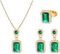 FDEETY Women's Jewellery Set Emerald Rectangular Necklace Earrings Ring Shiny Crystal Elegant Luxury Ceremony