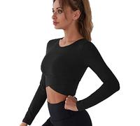 FDEETY Womens Sports Crop Top Long Sleeve Cross Wrap Workout Athletic Running Tank Tops with Thumb Hole (M) Black