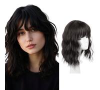 FDEETY Women's Wig, 12 Inch Short Hair, Waves and Curls, Clip-In Hairpiece, Fringe, Hairpiece Made of Synthetic Hair, Ideal for Everyday Use and Carnival, Short Haircut, Wig Women (Black Brown)