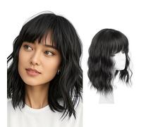 FDEETY Women's Wig, 12 Inch Short Hair, Waves and Curls, Clip-In Hairpiece, Fringe, Hairpiece Made of Synthetic Hair, Ideal for Everyday Use and Carnival, Short Haircut, Wig Women (Black)