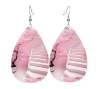 Fdgbnm Cherry Blossom White Staircase Leather Earring.Double-Sided Print Leather Drop Earrings.Lightweight, Hypoallergenic, Festive & Gift Ready.