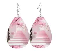 Fdgbnm Pink Cherry Blossom Staircase Leather Earring.Double-Sided Print Leather Drop Earrings.Lightweight, Hypoallergenic, Festive & Gift Ready.