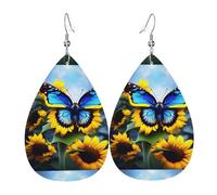 Fdgbnm Sunflower Blue Butterfly Leather Earring.Double-Sided Print Leather Drop Earrings.Lightweight, Hypoallergenic, Festive & Gift Ready.