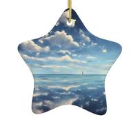 FDGBNM White clouds over the sea Ceramic hanging Christmas tree. Double-sided printing, gold string, perfect for holiday decorations and gifts.