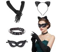 FDHBDF Women's Cat Costume, Pack of 4 Cat Costume Accessories with Glittering Cat Ears, Headband, Long Nail Gloves, Necklace & Cat Mask for Carnival, Cosplay, Theme Party
