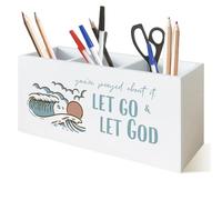 FDHSPAAM Boho Coastal Beach Christian Pen Holder for Desk, Bible Verse Wooden Box Sign Desk Decor for Office Decoration, Let Go Let God Religious Pencil Organizer, Beach Lover Gifts