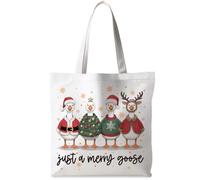 FDHSPAAM Christmas Goose Tote Bag for Women, Funny Christmas Santa Goose Canvas Tote Bag, Geese Gifts for Women, Just a Merry Xmas Geese Reusable Shopping Grocery Bags