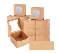 Fdit 50 Pack Kraft Paper Cake Box, Small Bakery Box with Clear Window 10.2cm Square for Cupcake Macaron Cookie and Thank You Stickers Included (50pcs)