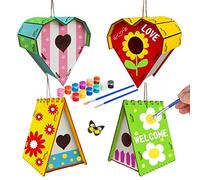 Fdit DIY Bird House Kit Paintable Wooden Birdhouse for Kids, with 12 Paints Brushes and Rope, Safe Puzzle Assembly Craft for Children (Heart shape: heart-shaped hole)