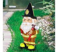 Fdit Dwarf Old Man Statue Black Hat Fireman Resin Sculpture with Protective Coating for Home Garden Decoration