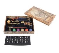 Fdit European Feather Pen Set, Retro Writing Kit with 18 Replacement Nibs 6 Ink Bottles Glass Wood Dip Pens Fire Lacquer Wax for Gift (SP271902R sprinkled with gold and sapphire blue)