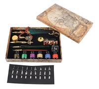 Fdit European Feather Pen Set, Retro Writing Kit with 18 Replacement Nibs 6 Ink Bottles Glass Wood Dip Pens Fire Lacquer Wax for Gift (SP271935R sprinkled gold and dark green (round)