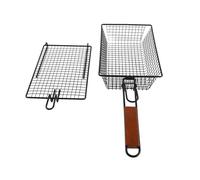 Fdit Grill Basket Nonstick BBQ Basket with Foldable Wooden Handle for Fish Vegetables Steak Meat Shrimp Cooking