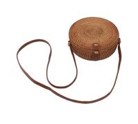 Fdit Handwoven Round Rattan Bag, Tropical Beach Style Woven Shoulder Bag with Leather Strap, for Women Beach Party Shopping Dating Everyday Use (Plain Colour Leather Buckle with Lining)
