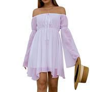FDKLOOK Off Shoulder Dress for Womens Bell Sleeve Lace-Up Irregular Chiffon Long Sleeve Casual Mini Fairy Dress Purple XXL