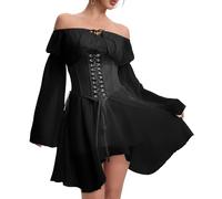 FDKLOOK Womens 2 Piece Outfits Off Shoulder Corset Dress Bell Sleeve Lace-Up Irregular Gothic Bustier Dress Black M