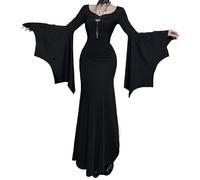 FDKLOOK Womens Batwing Sleeve Black Gothic Dress Notch Neck Dark Punk Halloween Witch Mermaid Maxi Long Dress M