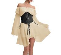 FDKLOOK Womens Beige Corset Dress 2 Piece Set Off Shoulder Bell Sleeve Irregular Party Fancy Fairy Bustier Dress XL