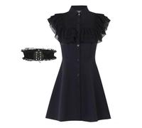 FDKLOOK Womens Black Gothic Ruffles Collared Neck Sleeveless Petite Lolita Punk Short Button Up Dress with Lace Belt M