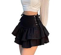 FDKLOOK Womens Black Gothic Skirt Mini High Waisted Lace-Up Fluffy Double Layered Ruffles Y2k Emo Punk Skirts L