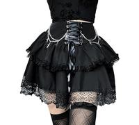 FDKLOOK Womens Black Gothic Skirt with Chain Tie Waist Double Layered Lace Ruffles Y2k Steampunk Mini Skirts XXL