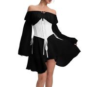 FDKLOOK Womens Black White Corset Dress 2 Piece Set Off Shoulder Bell Sleeve Irregular Vintage Bustier Dress XL