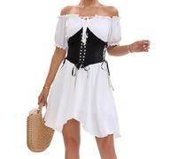 FDKLOOK Womens Black White Corset Dress Off Shoulder Short Sleeve Irregular Colorblock 2 Piece Outfit Cottage Core Dress L