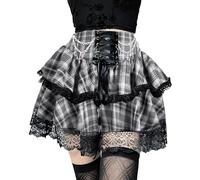 FDKLOOK Womens Black White Plaid Skirt Tie Waist Lace Double Layered Ruffles Y2k Emo Mini Gothic Skirts with Chain XXL