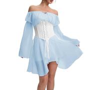 FDKLOOK Womens Blue Corset Dress 2 Piece Outfits Off Shoulder Bell Sleeve Irregular Party Fancy Fairy Bustier Dress Set S