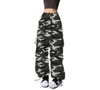 FDKLOOK Womens Camouflage Trousers Drawstring High Waist Wide Leg Y2k Parachute Baggy Cargo Camo Pants with Pockets XL