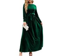 FDKLOOK Womens Cocktail Velvet Belted Pleated Long Sleeve Crewneck Party Formal A-Line Maxi Dress with Pockets S Green