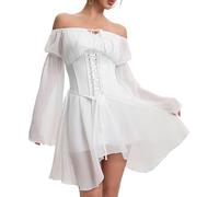FDKLOOK Womens Corset Dress Off Shoulder Bell Sleeve Irregular Fairy Chiffon 2 Piece Set Mini Fancy DressWhite XXL