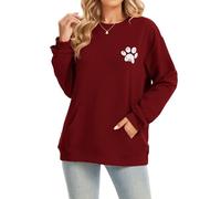 FDKLOOK Womens Dog Paw Printed Sweatshirt Long Sleeve Crew Neck Pullover Cute Sweatshirts With Pockets Red XL