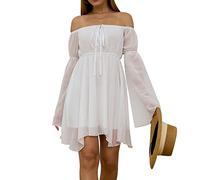 FDKLOOK Womens Dresses Off Shoulder Bell Sleeve Summer Mini Fairy Dress | Flowy Chiffon Dress,Long Sleeve,Solid Color,Casual,Party,Holiday,Lace-Up,Mini Lenght,A-Line Irregular,Corset Dress