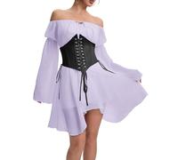 FDKLOOK Womens Fairy Purple Corset Dress 2 Piece Set Off Shoulder Bell Sleeve Casual Party Vintage Bustier Dress S