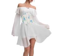 FDKLOOK Womens Floral Corset Dresses 2 Piece Set Off Shoulder Bell Sleeve Chiffon Vintage Fairy Bustier Dress L