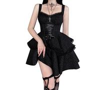 FDKLOOK Womens Lace-Up Jacquard Geometric Double Layered Ruffles Gothic Dress Vintage Y2k Mini Party Dresses Black M