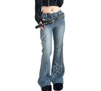 FDKLOOK Womens Low Rise Flare Jean Butterfly Patchwork Y2k Teen Girls Vintage Edges Tassels Distressed Bell Bottom Blue L