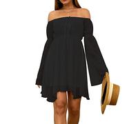 FDKLOOK Womens Off Shoulder Dress Bell Sleeve Lace-Up Irregular Summer Casual Party Mini Flowy Chiffon Dress Black M