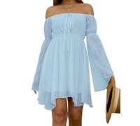 FDKLOOK Womens Off The Shoulder Dress Bell Sleeve Irregular Casual Party Flowy Chiffon Long Sleeve Fairy Dress Blue L