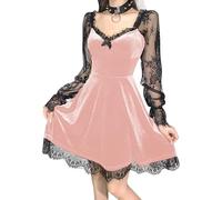 FDKLOOK Womens Pastel Gothic Dress Long Sleeve Velvet Lace Ruffle Sweetheart Neck Steampunk Goth Mini A-Line Dress M Pink