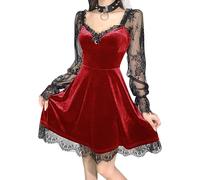 FDKLOOK Womens Red Gothic Dress Lace Long Sleeve Sweetheart Neck Velvet Collect Waist Goth Punk Moon Mini Dress M