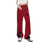 FDKLOOK Womens Red Striped Sweatpant Joggers Drawstring Waist Y2k Star Patchwork Sporty Straight Leg Sweatpants with Pocket L