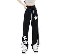 FDKLOOK Womens Striped Sweatpant Y2k Joggers Drawstring High Waist Star Patchwork Sporty Wide Leg Pants with Pockets XL Black